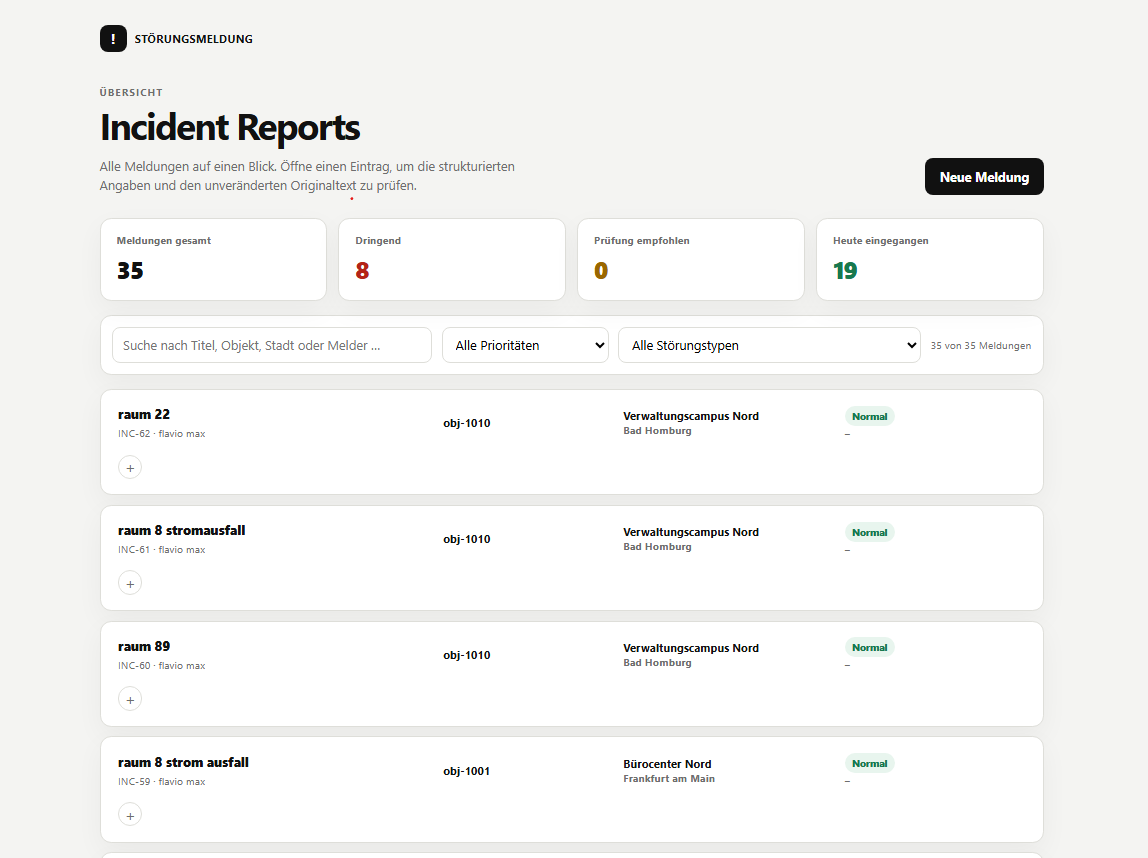 Dashboard des Incident-Systems mit Übersicht, Filtern und Meldungsliste