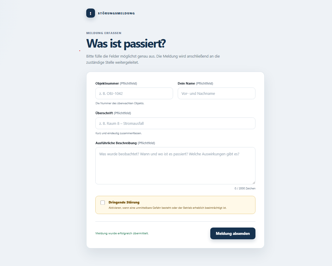 Meldeformular des Incident-Systems für neue Störungsmeldungen